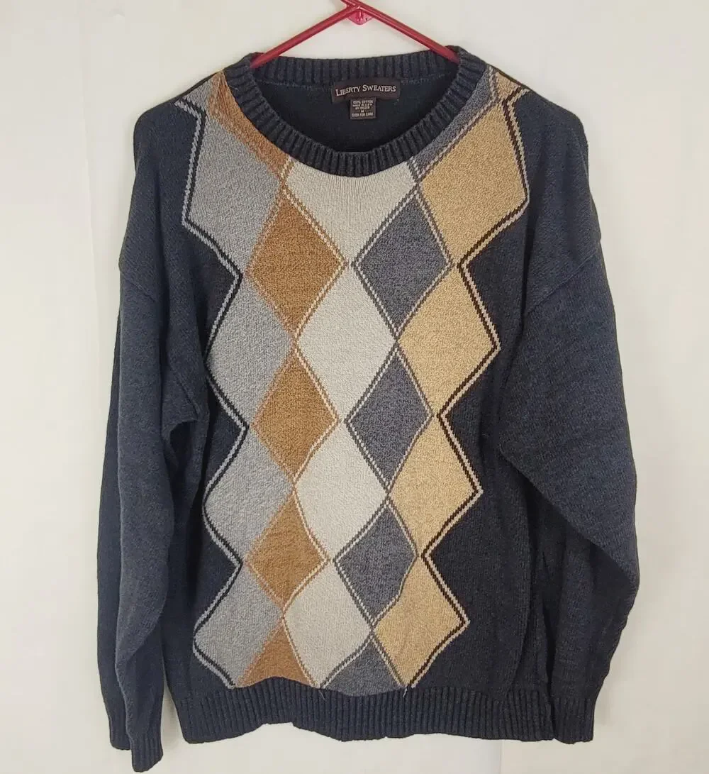 Vintage Liberty Sweaters tan and grey argyle sweater Size Medium Preppy Dadcore